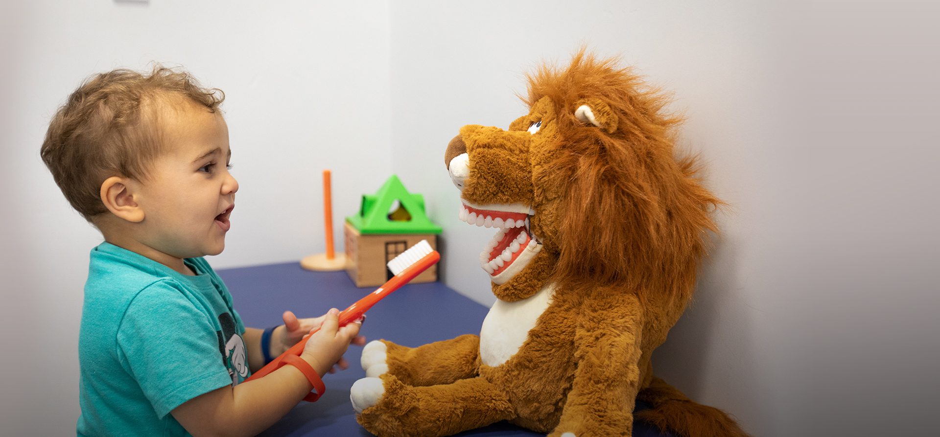 A happy toddler practices dental hygiene on a plush lion's specially designed toy teeth